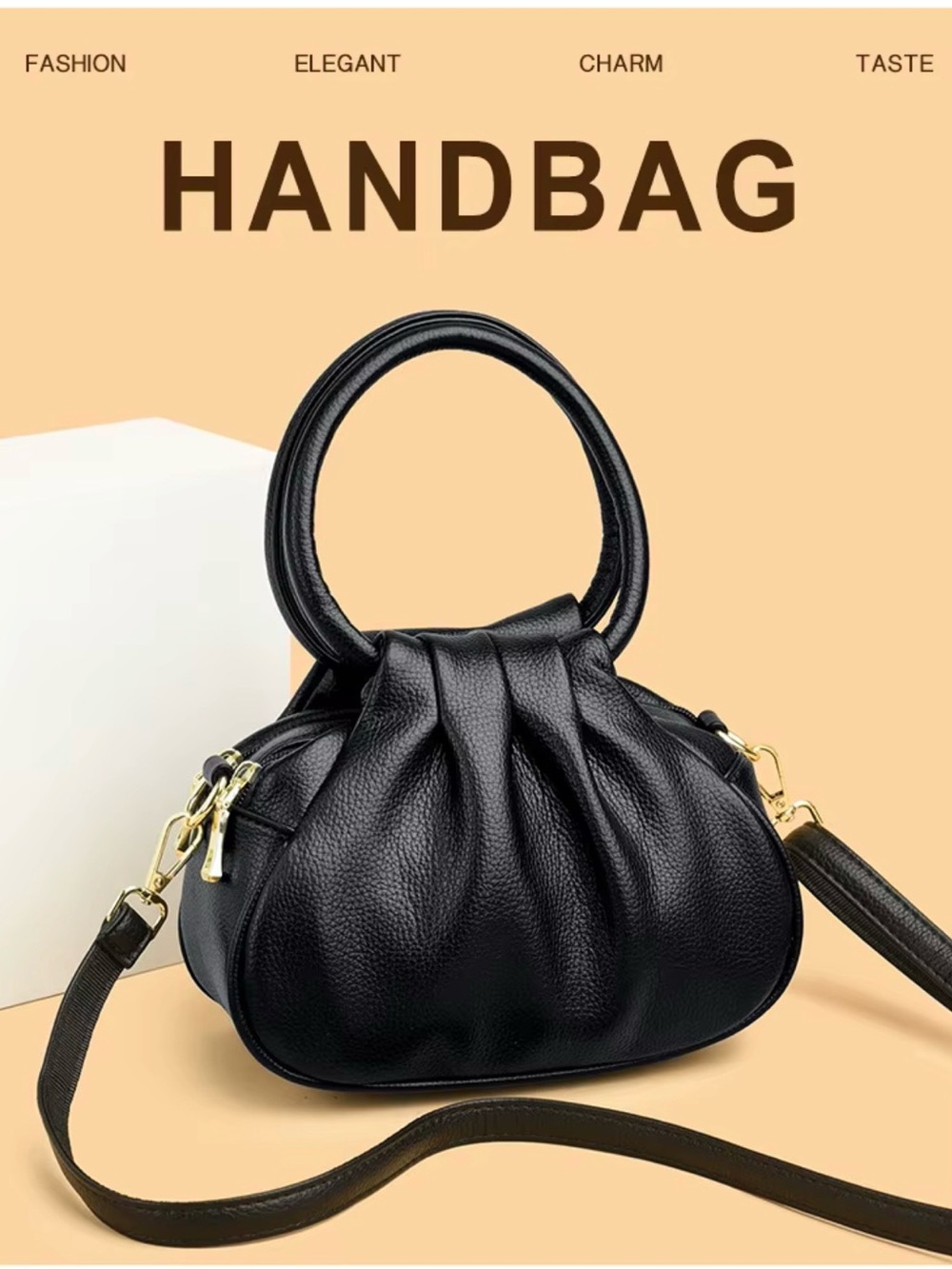 Chic Black Gathered Crossbody Bag with Gold Accents